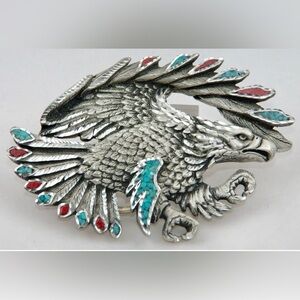 Vintage Belt Buckle-Turquoise And Coral Cut Out Hunting Eagle